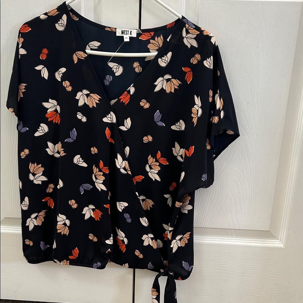 Women's Floral Faux-Wrap Top - Black and Multicolor